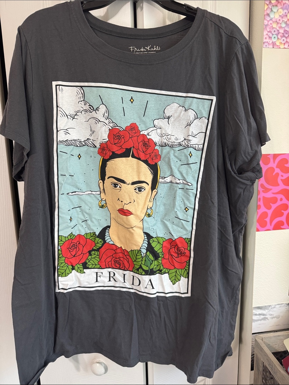 Frida Graphic Short Sleeve Tee - Charcoal with Red Floral Artwork
